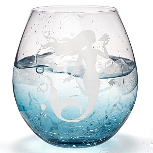 Mermaid Stemless Wine Glass - Beautiful Teal Color Ocean Wine Glass Gift For Girl Friend, Mermaid Gift, Fun Beach Wine Glass Gift For Men, Women, Kids, Birthday Bridal Shower Wedding (Crackle Teal) #TOP7
