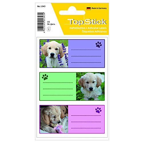 TopStick 1343 Etiquetas escolares para libros y cuadernos, paquete de 10 (76 x 35 mm, 50 hojas, papel, mate) autoadhesivas, pegatinas con motivos de perros para niños y niñas, 150 adhesivos de colores Cover