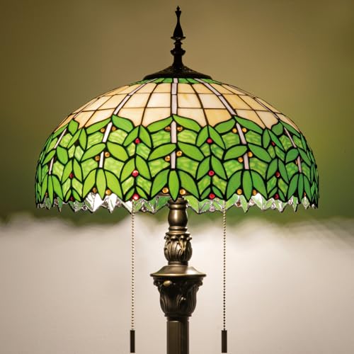 Image of Tiffany Style Floor Lamp, 16 inch Stained Glass Green Leaf Shade with Antique Bronze Base, 2-Light E26 Pull Chain Standing Reading Light for Living Room, Bedroom, UL Listed, 16x16x64 Inches