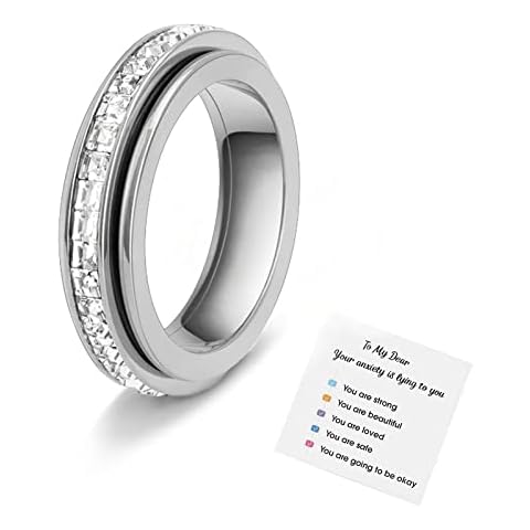 Sterling Silver Spinner Band Ring for Women Stress Relieving Anxiety Rings for Women 925 Sterling Silver Fidget Rings for Anxiety Cubic Zirconia Thumb Rings for Stress Relief Fidget worry Ring Cover