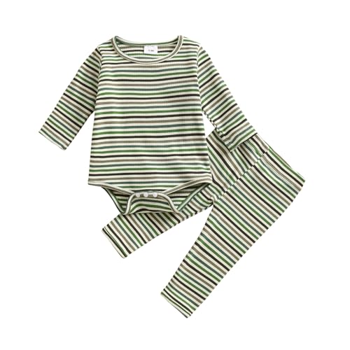 Mialoley Striped Outfit Newborn Baby Boy Girl Fall Winter Ribbed Knitted Clothes Long Sleeve Stripes Print Romper Pant Sets (01 Green, 3-6 Months)
