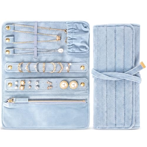 Tondiamo 1 Pcs Velvet Jewelry Roll Luxury Travel Jewelry Case for Ring Necklace Earring Bracelet Storage Bag Women Bridesmaid Gift (Light Blue)