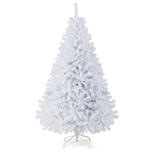 Goplus White Artificial Christmas Tree, 6ft Premium Unlit Hinged Spruce Full Tree, with 1000 Branch Tips and Metal Stand, Easy Assembly, for Indoor and Outdoor Use