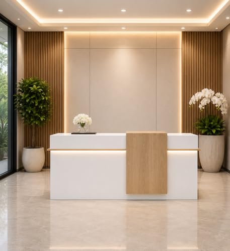 Image of Modern Reception Desk for Office, Hotel, Salon, Clinic, Spa & Commercial Lobby | Luxury Particle Board Reception Counter Table for Front Office & Welcome Area-(RCT-111 LPB L6W2)