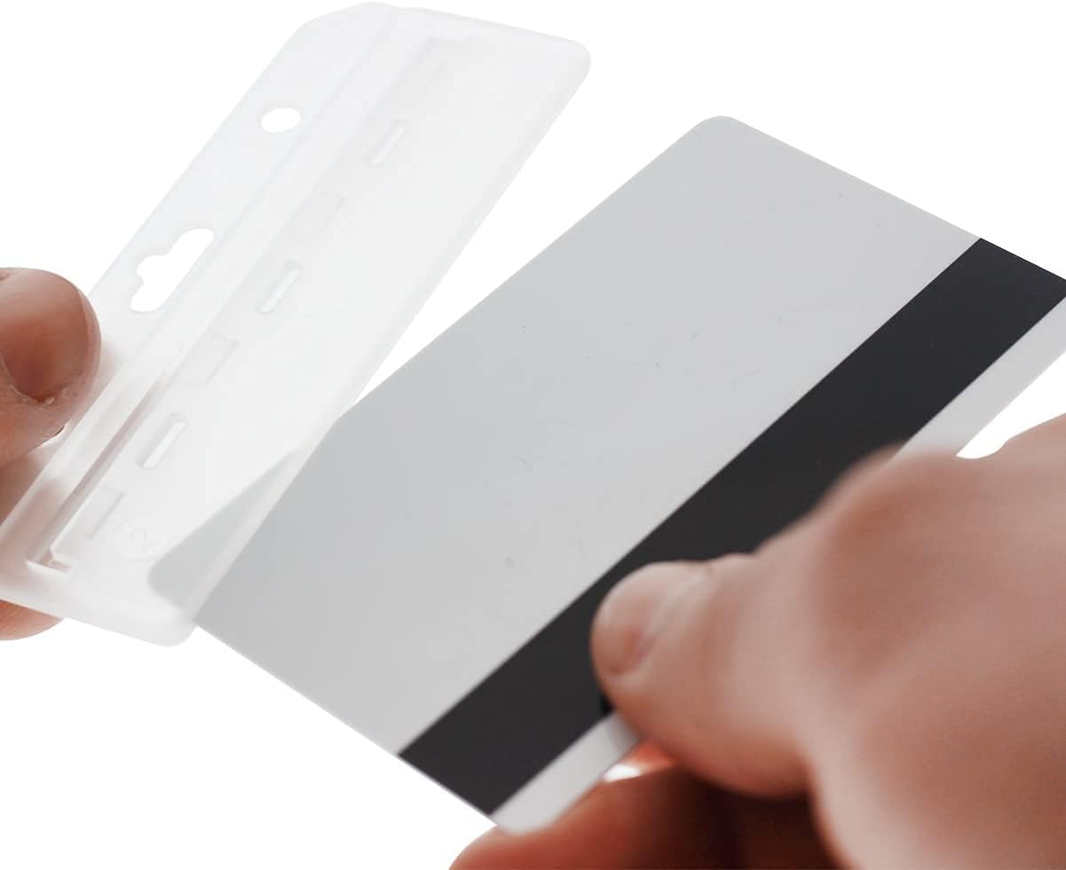 Specialist ID Frosted Rigid Plastic Horizontal Half Card ID Badge Holders - Hard Plastic Easy Access Swipe Card Gripper - Swipeable Badge Holders for Magnetic Strip Office and Student IDs - 50 Pack