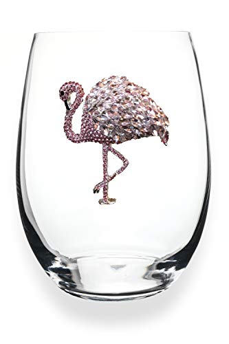 THE QUEENS' JEWELS – Flamingo Stemless Wine Glass, 21 oz. – Eye-Catching Sparkling Jewels – Hand-Decorated Glassware – Not Painted – Dazzling and Unique
