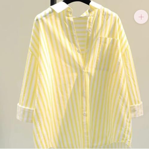 Image of Women's Yellow & White Striped Oversized Cotton Shirt | Casual Long Sleeve Collared Button-Down Top, Premium Fabric