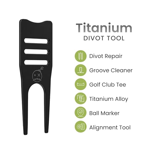 Fastfuse Titanium 4-in-1 Golf Divot Repair Tool & Ball Marker - Club Tee - Groove Cleaner - Putting Alignment Aid - Black