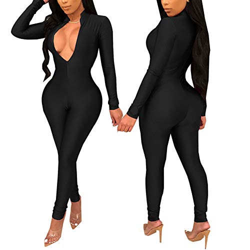 ECHOINE Women's Sexy Zip Up One Piece Outfits Deep V-Neck Long Sleeve Bodycon Long Pants Party Clubwear Jumpsuit Romper Black L