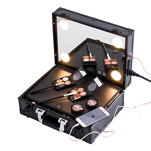Preisvergleich Produktbild Unbekannt Professioneller Make-up-Koffer, Kosmetik-Aufbewahrungskoffer, Nagelset, aufladbarer Kosmetikspiegel, mit Einstellbarer Beleuchtung, LED-Strahlenschutz, großer Raum, tragbar (schwarz)
