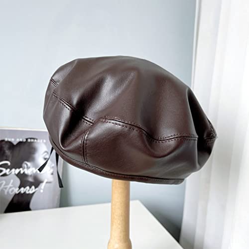 Chapeau femme en cuir synthétique vintage béret marron uni - 4