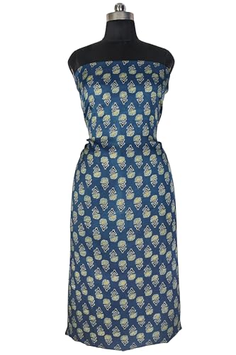 Image of Ethnics of Kutch Women's Ajrakh Modal Silk Natural Dye Hand Block Print Unstitched Kurta Fabric Mtr Length (2.5 Mtrs - Blue 30101V)