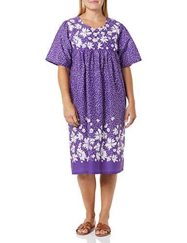 AmeriMark Womens Patio Dress Lounger Floral Print Border Short Sleeve & Pockets