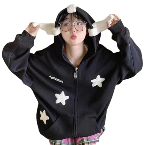 grhaat Sudadera con capucha y cremallera de anime Kawaii Y2k Harajuku Star Meteor Angel Wings para mujer, suelta, linda, de gran tamaño, Negro -, Large