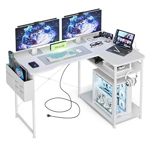 Acrolix ゲーミングデスク ホワイトカーボン調 コンセント付き パソコンデスク L字 棚高さ調節可能 右棚 80奥行き*120幅*72高さ ブラック 机 pcデスク 勉強机 ゲームデスク 棚付きl字デスク オフィス 書斎 ワーク