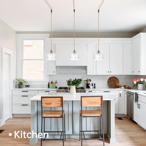 Image of Shenmoyl Plug in Pendant Light Hanging Light Fixtures with Plugin Cord On /Off Switch,Clear Striped Glass Lampshade Brass Pendant Light