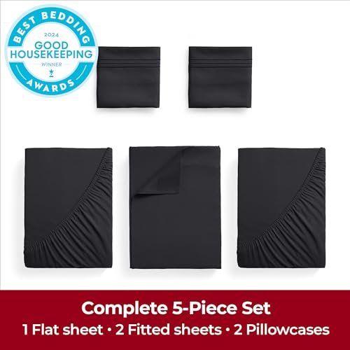 Image of Mellanni Extra Deep Split King Sheets - 5 PC Iconic Collection Bedding - Hotel Luxury, Ultra Soft, Cooling Bed Sheets - Wrinkle, Fade, Stain Resistant (Split King, Black)