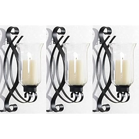 Novaliv 3X Wandkerzenhalter aus Metall mit Glas 18 x 36 x 20 cm Schwarz Kerzenhalter Wohnzimmer Dekoration Wanddeko Kerzen Vintage Deko Kerzenständer Stumpenkerze Cover