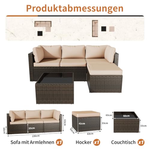 Aoxun Gartenmöbel Set Polyrattan 3-teilig mit 7,5cm dicken Kissen & Glas-Couchtisch… – Ansicht 2