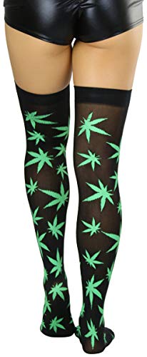 Image of ToBeInStyle Women's Thigh High Stockings Bodystocking Tights Medicinal Cannabis Marijuana Weed Leaf Print Festival Hosiery