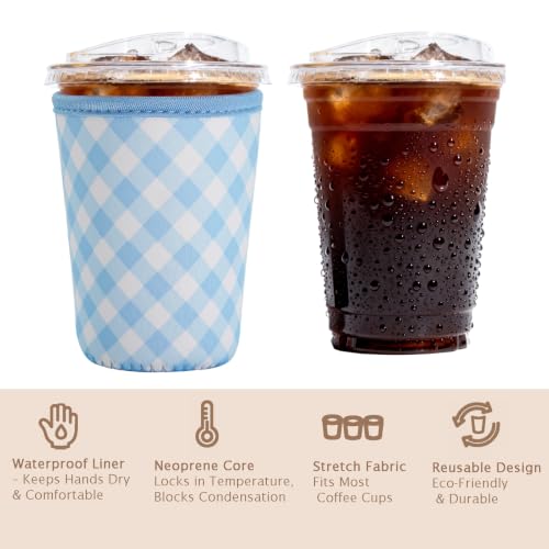 Image of Reusable Insulated Sleeve for Iced Coffee Cup, Coffee Neoprene Sleeve for Cold & Hot Drinks, Beverage Holder for Iced Coffee (Sky Gingham, Large: 32oz)