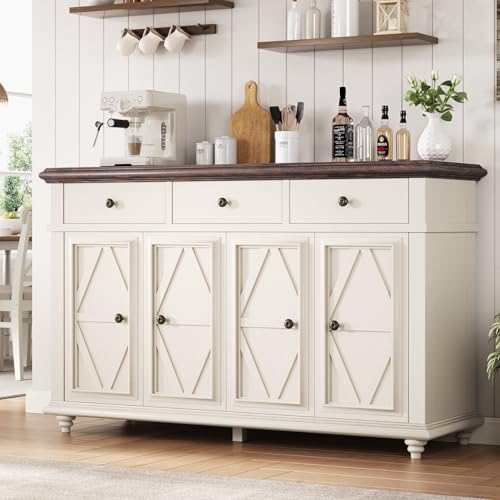 55' Farmhouse Sideboard Buffet Cabinet with 4 Doors and 3 Drawer, Coffee Bar Cabinet, Sideboard...