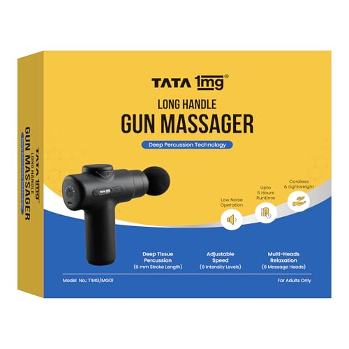 Image of Tata 1mg Long Handle Gun Massager | Deep Tissue Percussion Body Massager with 6 Heads | 6 Speed Levels | 2000 mAh Battery | Cordless & Lightweight | For Muscle Pain Relief & Recovery