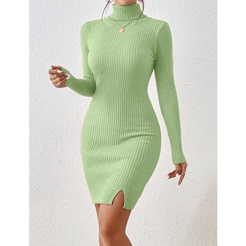 Image of GLARE & BLAIR Solid Turtle Neck Regular Fit Casual Ribbed Knit Long Sleeve Bodycon Dress for Women
