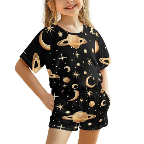 Watdotory Starry Planet Shorts Set for Girls Summer Short Sleeve