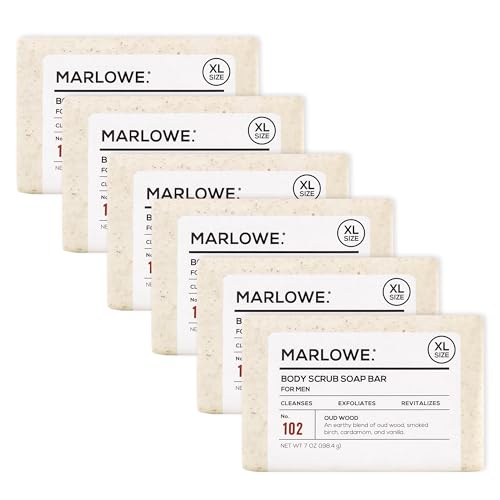Image of MARLOWE. Body Scrub Soap, Exfoliating Soap Bar, Oud Wood, 7 oz (6 Bars) | Scrub Soap Bar that deeply cleanses and exfoliates while buffing away rough, dry skin. Oud Wood scent.
