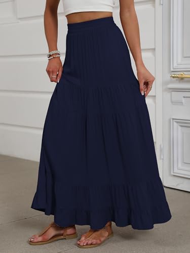 Image of ANRABESS Womens Maxi Skirt Elastic High Waist Swing Tiered A-line Flowy Pleated Boho Beach Vacation Long Skirts