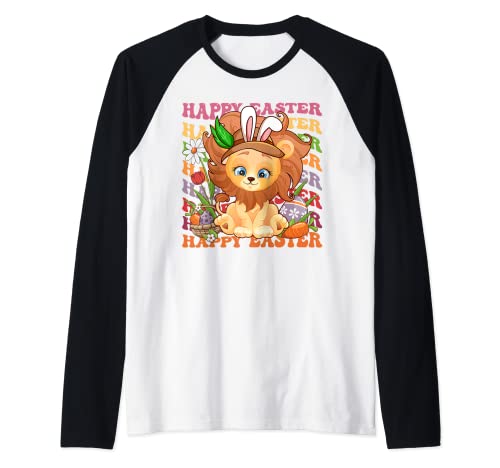 Happy Easter Bunny Groovy Lion Gifts Easter Egg Hunting Camiseta Manga Raglan