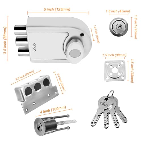 Image of VOLO Heavy Duty Tri-Bolt Rim Lock - Secure Dead Lock with Keys for Main Door, Single & Double Doors, Left & Right-Handed Use - Ideal for Home & Office (Pack of 1) (MT-01 (Satin))