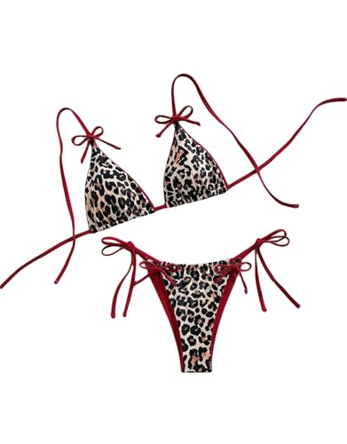 Women's Leopard Print Bathing Suit High Waisted Halter Bow Swimsuit Bikini Set