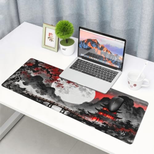 Image of Black Red Japanese Mouse Pad 31.5x11.8 XL Mountain Moon Watercolor Design Extended Large Mousepad Keyboard Mouse Mat Desk Pad with Non-Slip Rubber Base Stitched Edges for Home Office Game