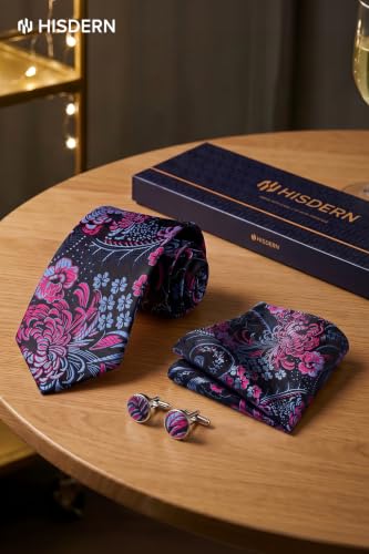 Image of HISDERN Ties for Men Paisley Tie and Pocket Square Cufflinks Set Formal Classic Floral Necktie Handkerchief Wedding Party