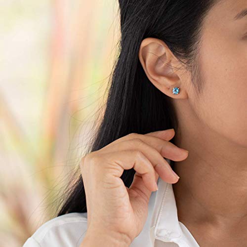 Peora Solid 14K White Gold Swiss Blue Topaz Stud Earrings For Women, Genuine Gemstone Birthstone Solitaire Round Shape, 6Mm, 2 Carats Total, Friction Back #TOP4