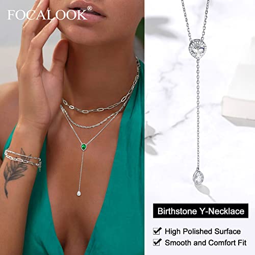 Focalook 925 Sterling Silver Cz Teardrop Lariat Necklace 16"-18" Y Drop Adjustable May Birthstone Synthetic Emerald Necklaces For Women #TOP4