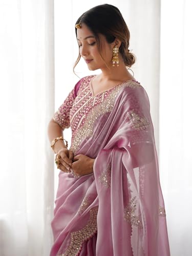 Image of Satrani Women's Tissue Silk Sequin Embroidery Scalloped Border Saree with Unstitched Blouse Piece