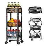 3 Tier Rolling Utility Cart with Wheels - Folding Storage Round Organizer Rack, Collapsible Snack Craft Kitchen Cart
