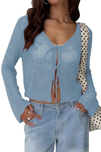 Image of Balimtoy Women Tie Front Cardigan Crochet Sweater Crop Tops Cute Bell Long Sleeve Knit Shrug Beach Vacation Cover Up