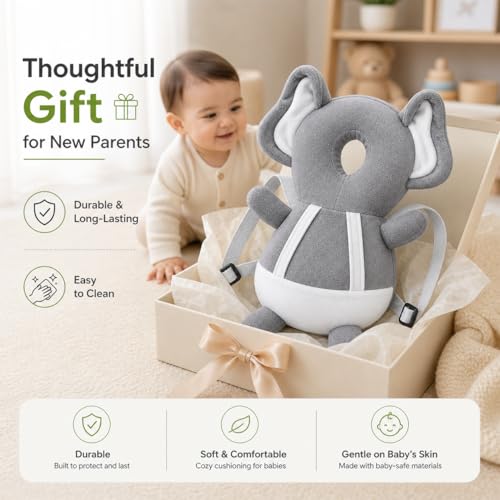 Image of GLUN Baby Head Protector Backpack, Pack of 1 Cute Elephant Soft Cushioning, Adjustable Shoulder Belt, Head Protection Back for 6-18 Month Toddler Kids