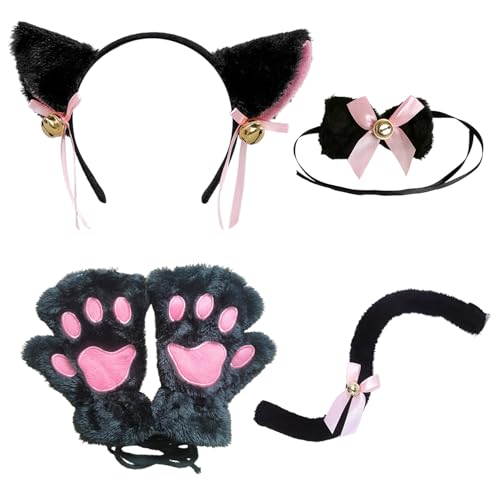 HTTDSLF Déguisement de Chat, 5 Pièces Accessoires Déguisement Chat - Gants à Pattes, Bandeau à Oreilles Noires, Nœud Papillon et Queue avec Clochettes,...