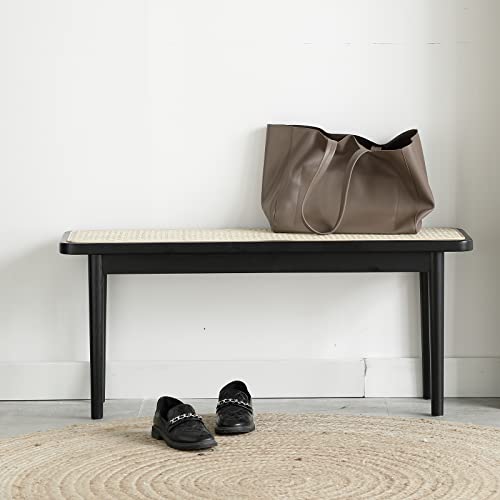 Fancyarn Black Dining Bench, Woven Enterway Bench, 100% Natural Solid Oak Bed Bench With Rattan Design, Rounded Edge, 39 3⁄8” W Boho Bench For Entryway Hall, Dining Room,Bedroom, Living Room #TOP1