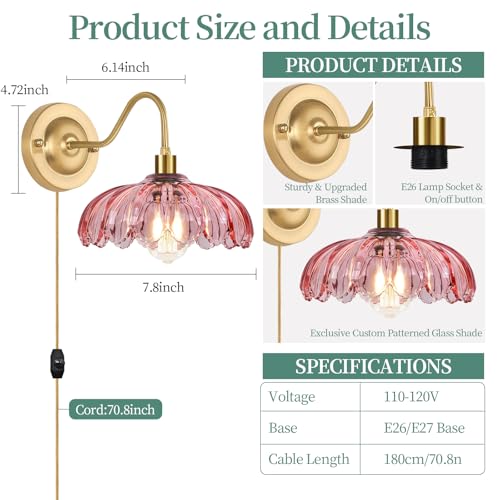 Image of ZECOXOL Vintage Plug in Wall Sconces Set of Two, Glass Wall Sconces Lamps with Flower Lampshade & Dimmable Plug in Cord, Dimmable Sconces Wall Decor Set of 2 Plug in Wall Lights Sconces for Bedroom