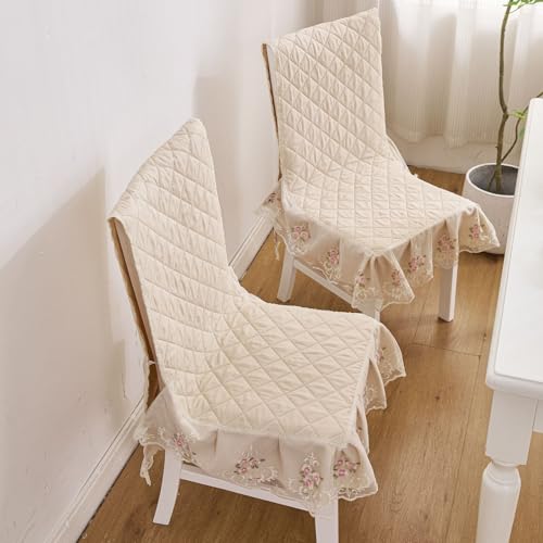 Image of HOMETHREADS Vintage Dining Chair Protector Cover, Quilted Cotton with Lace Frills, Easy Slip-On Design, Protects Seat & Backrest While Keeping Chair Visible, Washable & Reusable, Beige (Pack of 2)