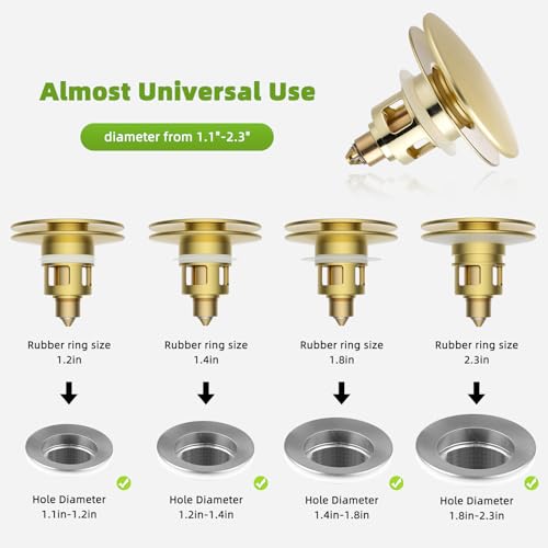 Image of Universal Bathroom Sink Drain Stopper Strainer, 2PCS, Brushed Gold | 2 in 1 Pop Up Sink Stopper for 1.1''~2.36'' Sink Basin Hole, Hair Catcher with Removable Stainless Steel Filter Basket