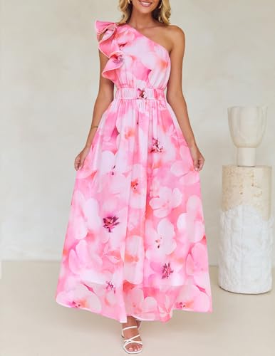Image of ZESICA Women's 2026 Summer Floral Sleeveless Maxi Dress | One Shoulder, Sleeveless, Ruffle, High Waist, Beach Wedding Guest, Vacation, Graduation, Bridal Shower, Boho Long Dresses