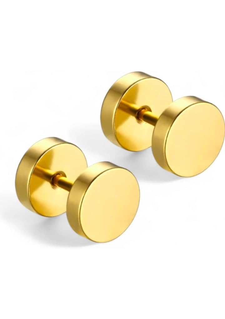 t trendy mart Round Barbell Dumbbell Stud Earrings, Stainless Steel, Gold Colour, Screw Back-picture-33