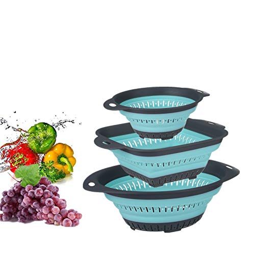 OLIYA Faltbares Sieb-Set, BPA-freies Silikon-Lebensmittelsieb, umweltfreundlich, ungiftig und leicht zu reinigen, hitzebeständig, Pasta- und Gemüsesieb, spülmaschinenfest, 3-teiliges Set (Grün) Cover